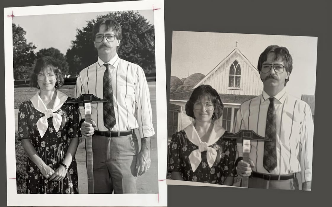 Anne Scott and her husband, Richard, parody "American Gothic," in 1987.