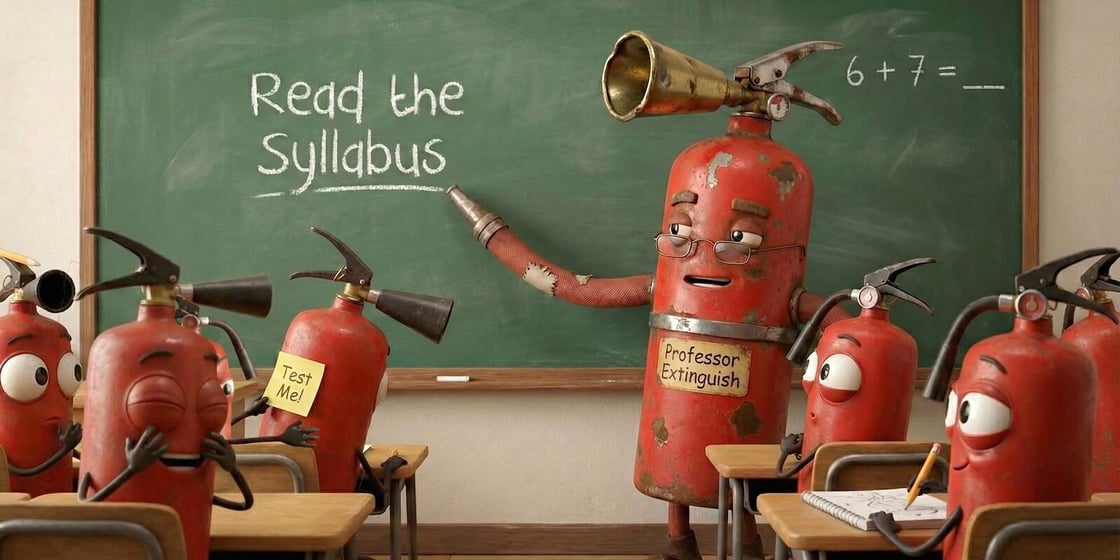 A class of fire extinguishers comes alive as the teacher reminds them to read the syllabus.