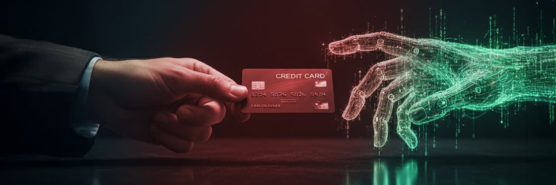 AI-generated image of a person handing a credit card to a machine posing as a person.