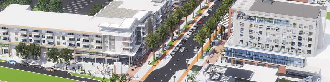 A rendering showing an aerial view of the Fletcher District multi-family housing and hotel facilities.