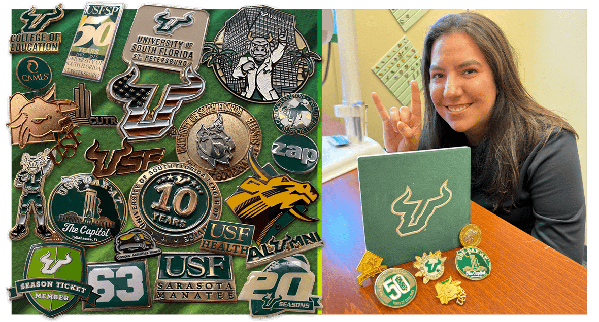 An assortment of University of South Florida lapel pins and a photo of Melissa Armstrong posing with some of her prized pin collection.