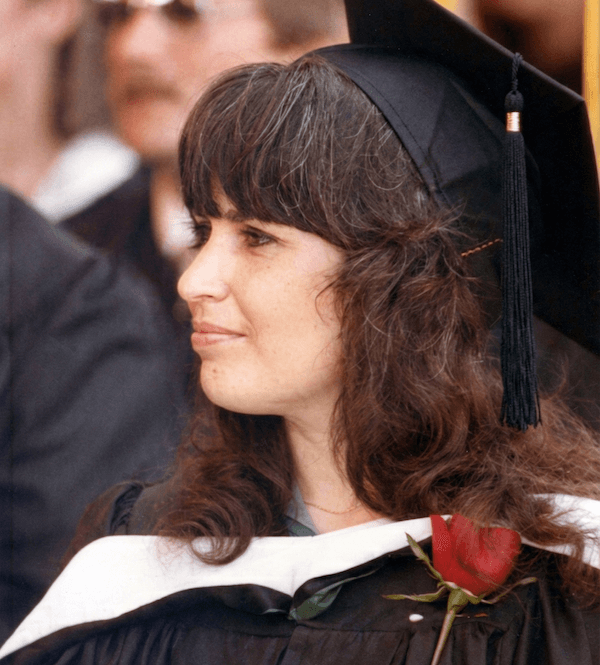 Joan “Sudsy” Tschiderer at commencement in 1984.
