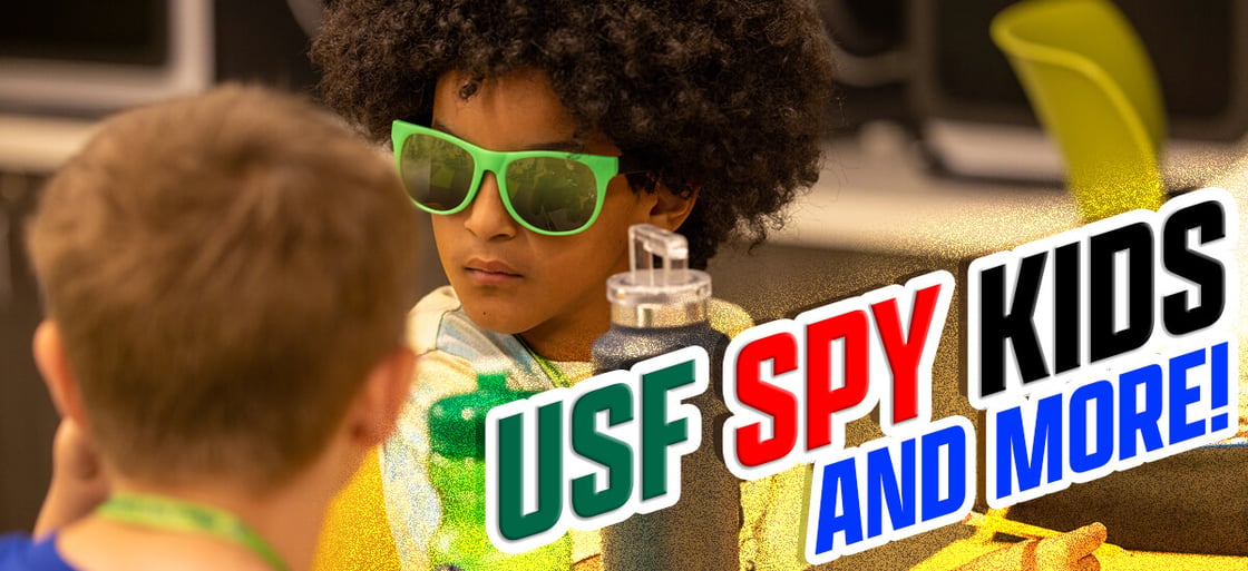 A child wearing sunglasses sits next to the text "USF Spy Kids and more!"