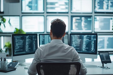 Man looking at computer screens